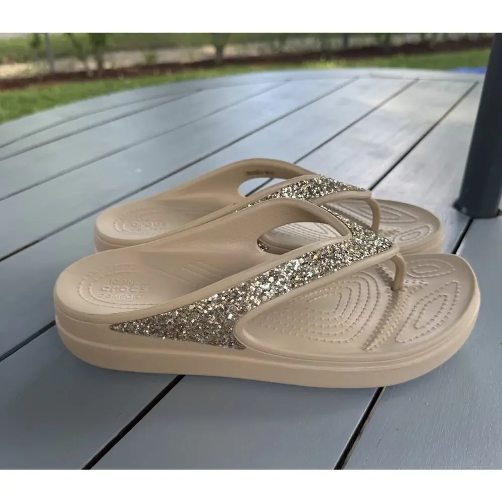 Crocs Sloane Tan Gold Glitter Flip Flop Platform Beach Sandals Wedge Size 9